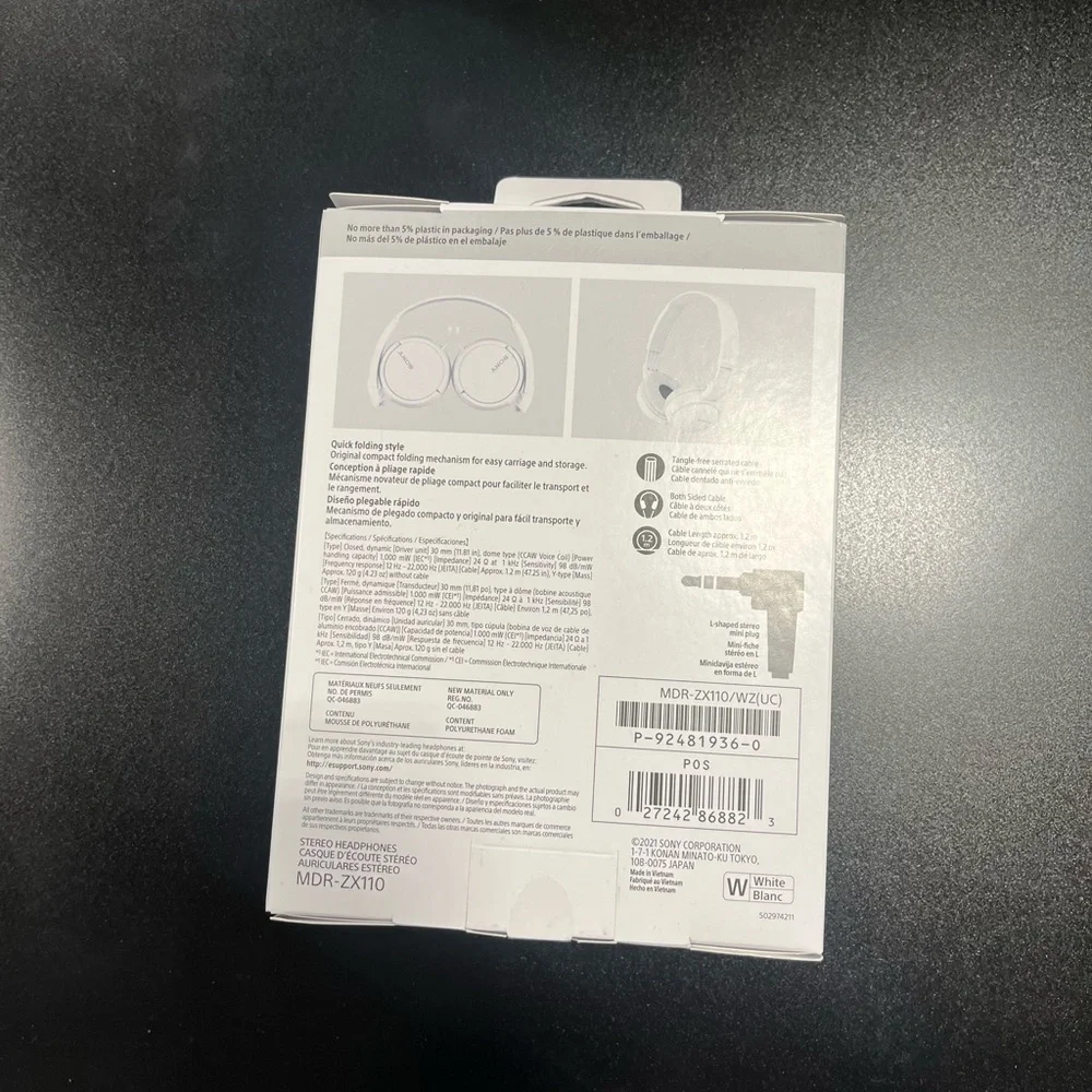 SONY Wired On-Ear Headphones ZX Series White NWT Kids MDRZX110 School